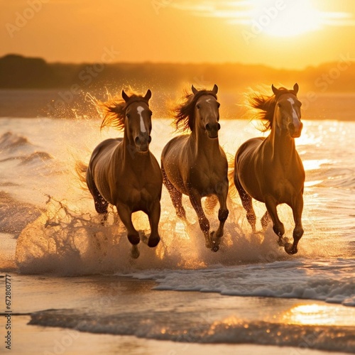 AI generated illustration of three wild horses running in the ocean on a sandy beach
