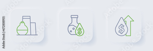 Set line Oil price increase, petrol test tube and tank storage icon. Vector
