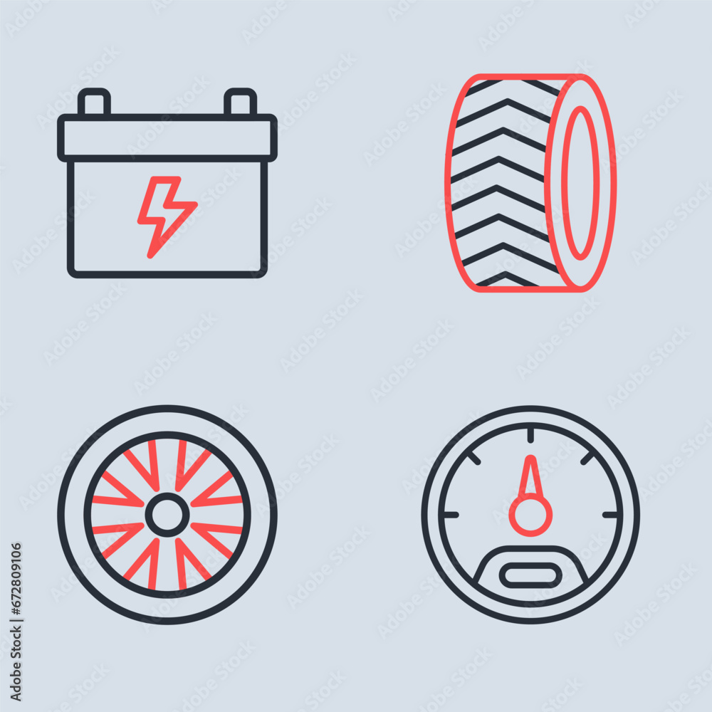 Set line Car tire wheel, Stopwatch, Speedometer and battery icon. Vector