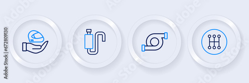 Set line Gear shifter, Automotive turbocharger, Car muffler and Racing helmet icon. Vector