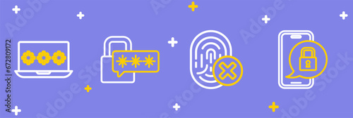 Set line Mobile with closed padlock, Cancelled fingerprint, Cyber security and Laptop password icon. Vector
