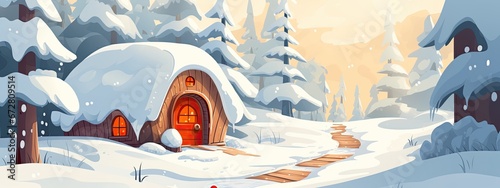 cute christmas house of gnomes or elves in winter landscape. Cartoon illustration. © Pihta
