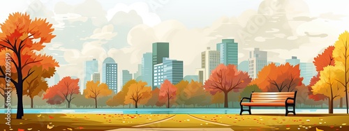 Autumn city park landscape. Autumn holidays concept in flat cartoon style. photo