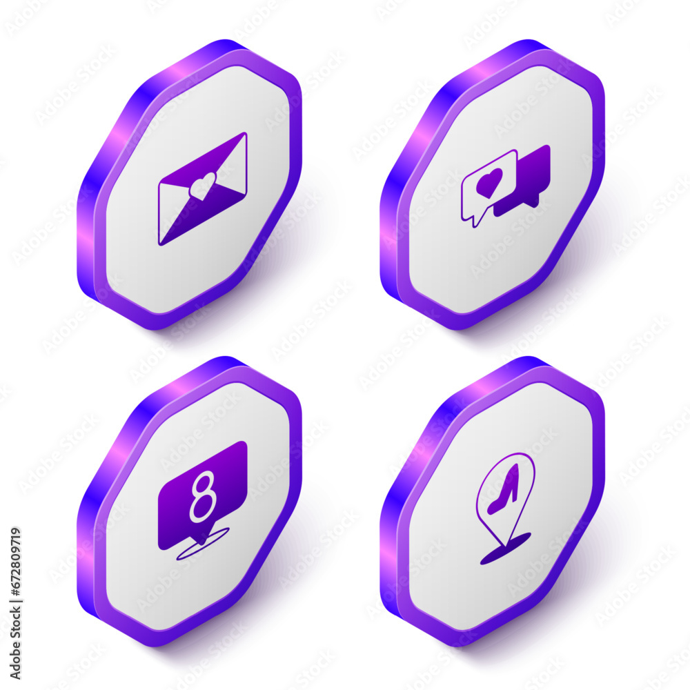 Set Isometric Envelope with 8 March, Heart in speech bubble, and Woman shoe icon. Purple hexagon button. Vector Set Isometric Envelope with 8 March, Heart in speech bubble, and Woman shoe icon. Purple hexagon button. Vector