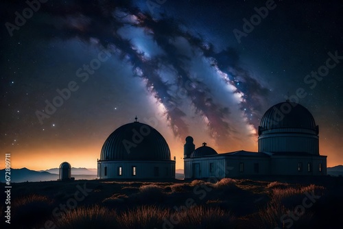 The Milky Way stretching across the night sky, the silhouette of an observatory dome, the observatory's lights casting a soft