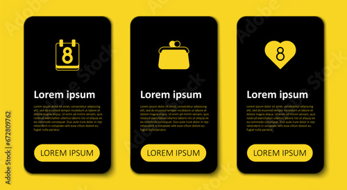 Set Heart with 8 March, Handbag and Calendar. Business infographic template. Vector