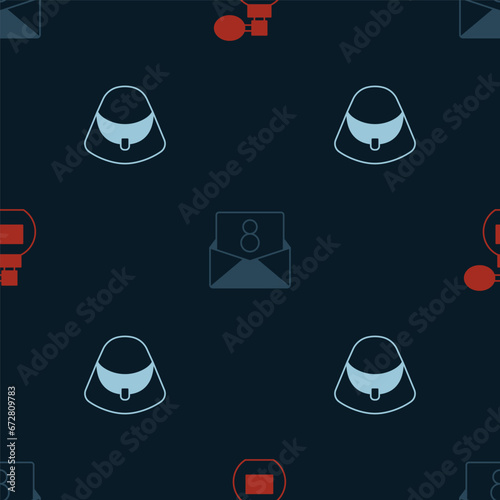 Set Perfume, Envelope with 8 March and Handbag on seamless pattern. Vector