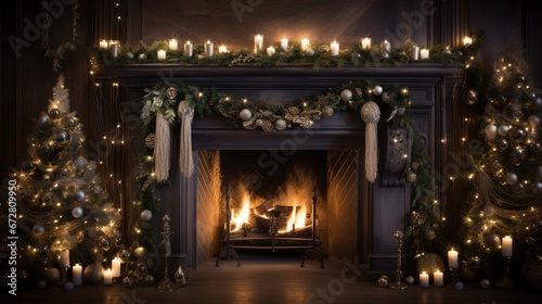 Tinsel and twinkling lights adorning a fireplace mantle, creating a cozy holiday atmosphere.