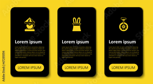 Set Unicycle, Magician hat and rabbit ears and Attraction carousel. Business infographic template. Vector