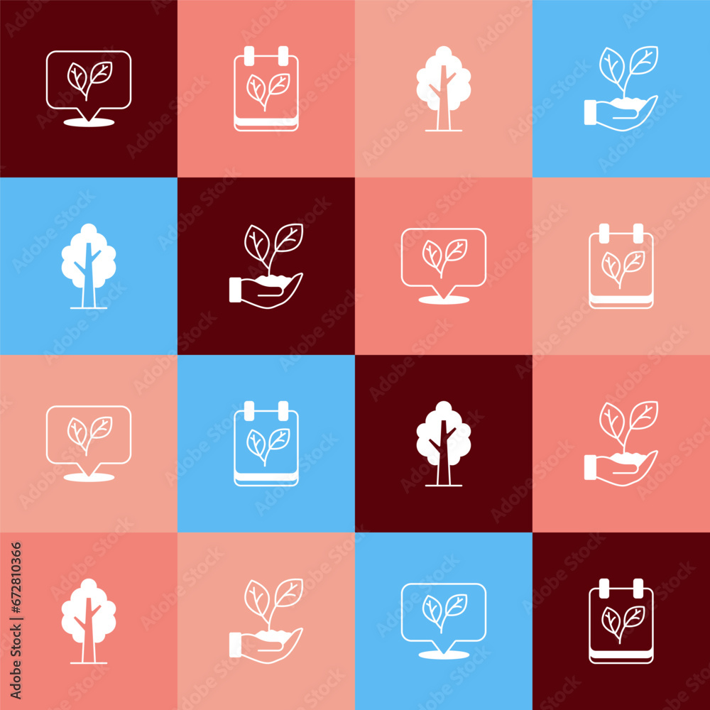 Set pop art Leaf, Calendar with autumn leaves, Tree and in hand icon. Vector Set pop art Leaf, Calendar with autumn leaves, Tree and in hand icon. Vector