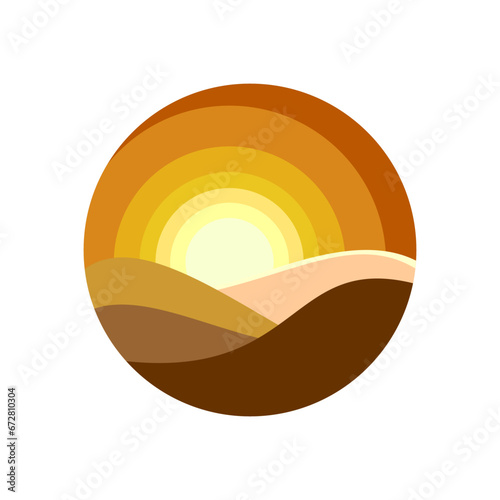 Round icon of desert landscape, with sand layers and sun