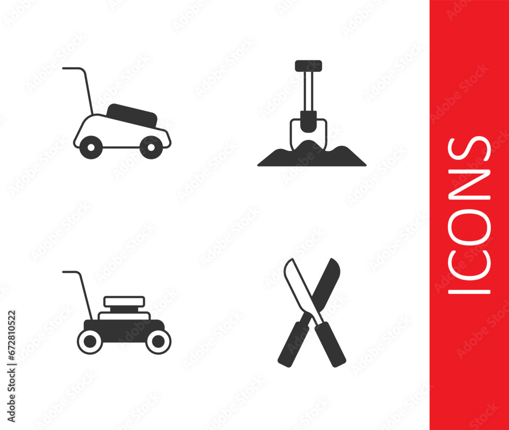 Set Gardening scissors, Lawn mower, and Shovel icon. Vector Set Gardening scissors, Lawn mower, and Shovel icon. Vector