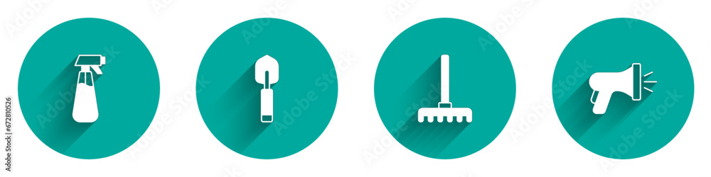 Set Garden sprayer for water, trowel spade shovel, rake and hose icon with long shadow. Vector Set Garden sprayer for water, trowel spade shovel, rake and hose icon with long shadow. Vector