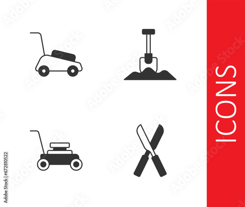 Set Gardening scissors, Lawn mower, and Shovel icon. Vector