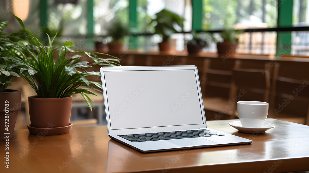 Laptop with a Blank Screen on a Wooden Table Beside a Cup of Coffee Laptop with a Blank Screen on a Wooden Table Beside a Cup of Coffee