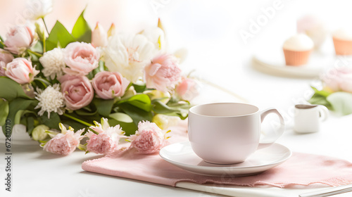 Elegant Table Setting with Flowers and Coffee Cup
