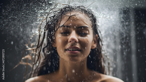 Woman Enjoying Water Rainfall Concept of Refreshment and Nature Connection