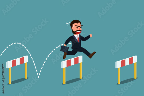 Businessman jumping over obstacles. Overcome obstacles to achieve better goals. A good businessman who never gives up and overcomes obstacles. Business concept. Vector illustration