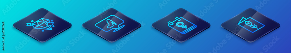 Set Isometric line Calendar with 8 March, Diamond, Greeting card and Woman shoe icon. Vector