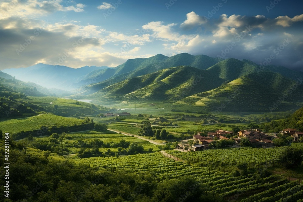 A picturesque vineyard amidst mountainous landscapes. Generative AI