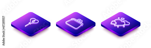 Set Isometric line Balloons with 8 March, Handbag and Heart icon. Vector