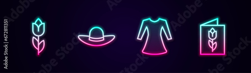 Set line Flower tulip, Elegant women hat, Woman dress and Greeting card with 8 March. Glowing neon icon. Vector