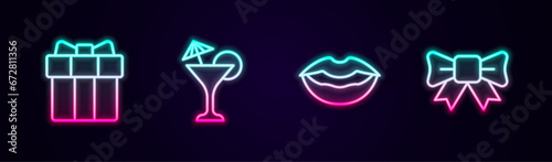 Set line Gift box and heart, Martini glass, Smiling lips and bow. Glowing neon icon. Vector