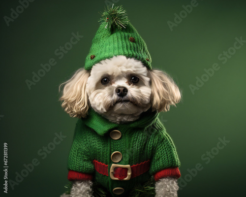 A small white purebred dog dressed as a green elf, Santa Claus's assistant on a green background. Christmas and Halloween concept. Isolated, copy space. Design for banner, cards, posters. AI generated