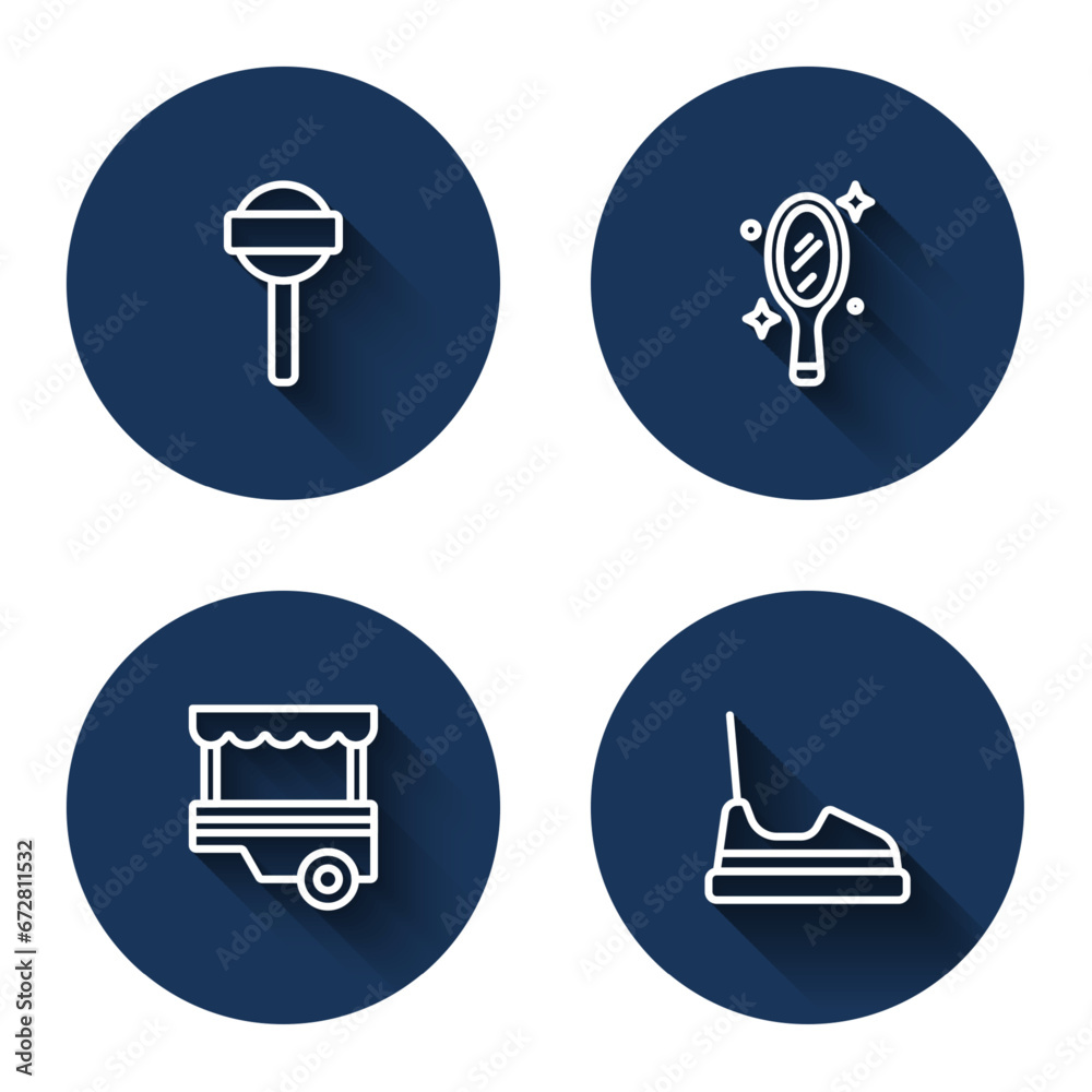 Set line Lollipop, Magic hand mirror, Fast street food cart and Bumper with long shadow. Blue circle button. Vector Set line Lollipop, Magic hand mirror, Fast street food cart and Bumper with long shadow. Blue circle button. Vector