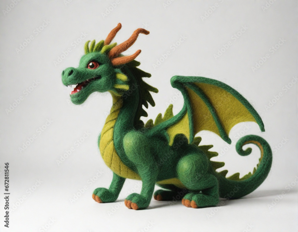 Green Wooden Dragon from felting on a white background Green Wooden Dragon from felting on a white background