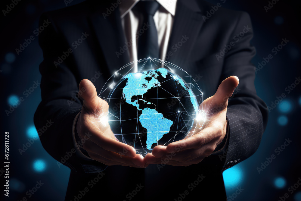 Power of global connectivity as a businessman interacts with a digital globe. Concept of worldwide data exchange and the seamless flow of information across the globe. Power of global connectivity as a businessman interacts with a digital globe. Concept of worldwide data exchange and the seamless flow of information across the globe.