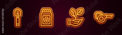 Set line Garden trowel spade or shovel, Pack full of seeds, Leaf in hand and garden blower. Glowing neon icon. Vector