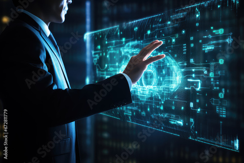 Science and technology as a businessman interacts with a digital hologram. Concept for innovation, big data, and the future of data analysis in the corporate world.