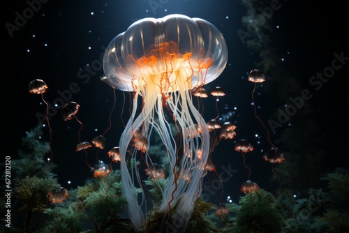 Majestic Jellyfish Surrounded by Tiny Medusas in Ocean Depths