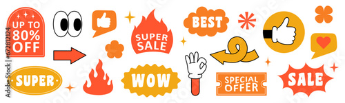 Set of retro patches, labels, tags, stickers for shopping. Abstract geometric shapes with text, arrows, hands, stars. Isolated vector illustration