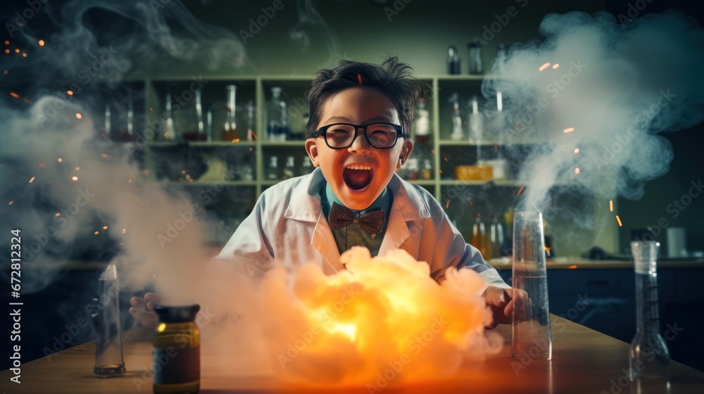 Children at laboratory for science test, Laughing for blast and smoke