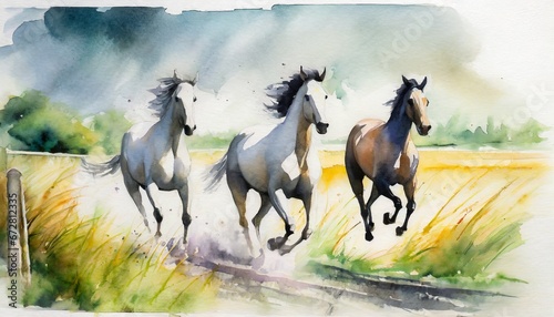 Horse running painting, watercolor style