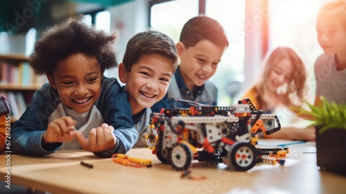 Enthusiastic kids of different nationality working on technology project at school making artificial intelligence toys, robotics