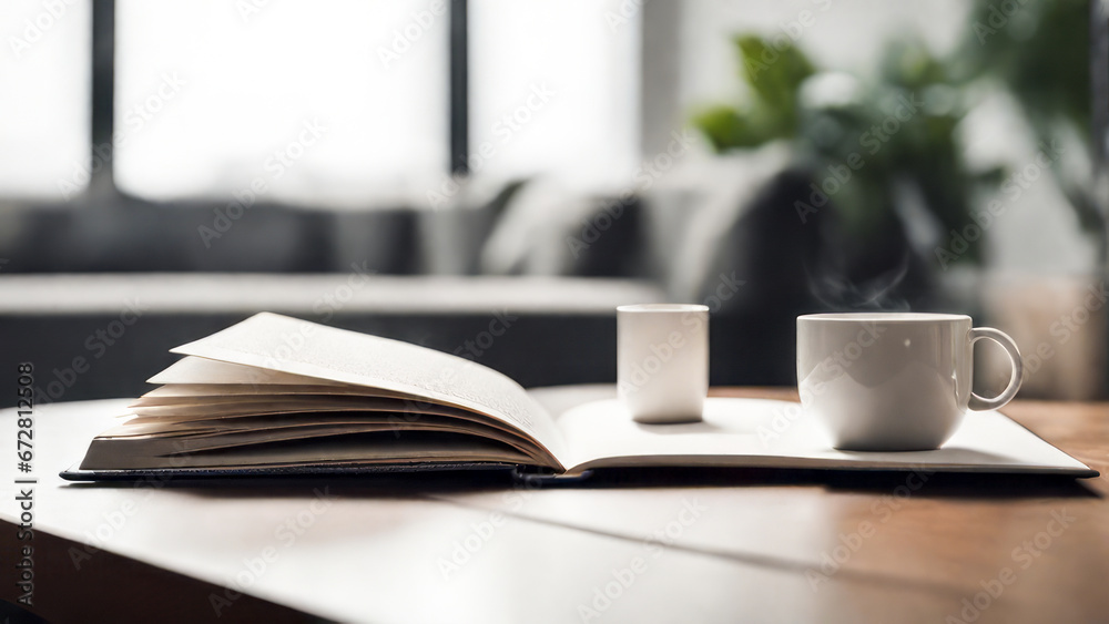 A casual holiday with hot coffee in a white coffee mug put on the book with the warm morning sunshine from the window to feel relaxed good for relaxing A casual holiday with hot coffee in a white coffee mug put on the book with the warm morning sunshine from the window to feel relaxed good for relaxing