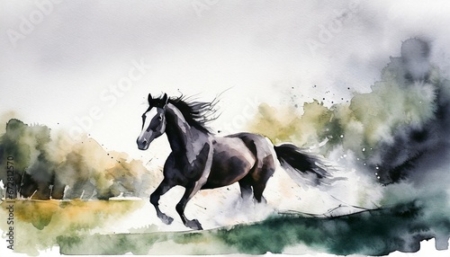 Horse running painting, watercolor style