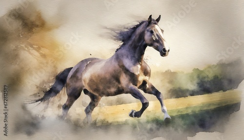 Horse running painting, watercolor style