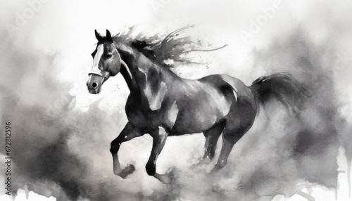 Horse running painting, watercolor style