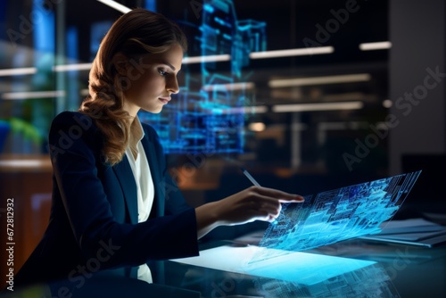 Woman working on a digital screen as a hologram