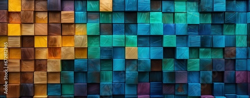 Wooden blocks, squares, cubes in green, turquoise and yellow colors for a wall texture. Grain and structure of wood. Wide format. Colorful cubes covering backdrop.