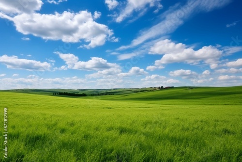 Beautiful scenic view of a green field, plain, and azure sky. Generative AI