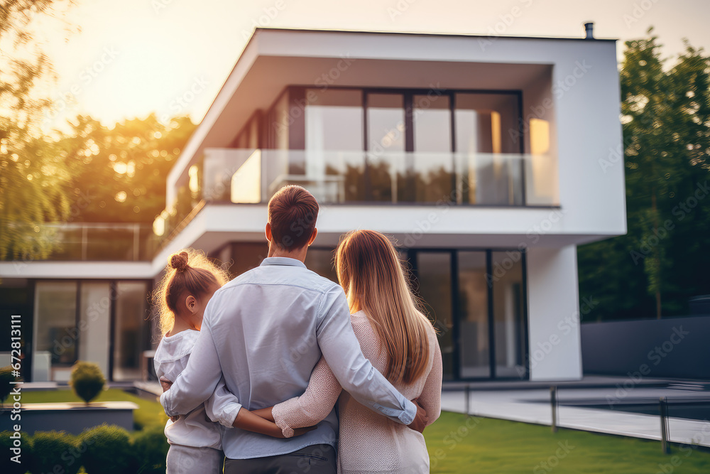 Happy family as they purchase their dream home, hugging in front of their new modern house. Concept of home ownership and the fulfillment of a housing dream. - obrazy, fototapety, plakaty 