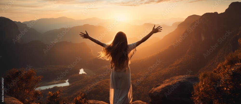 Fototapeta premium The Serene Embrace of Nature: A Woman Finding Solace in a Vast Field. A woman standing in a field with her arms outstretched as the sun goes down.