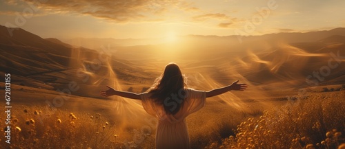 The Serene Embrace of Nature: A Woman Finding Solace in a Vast Field. A woman standing in a field with her arms outstretched as the sun goes down. photo