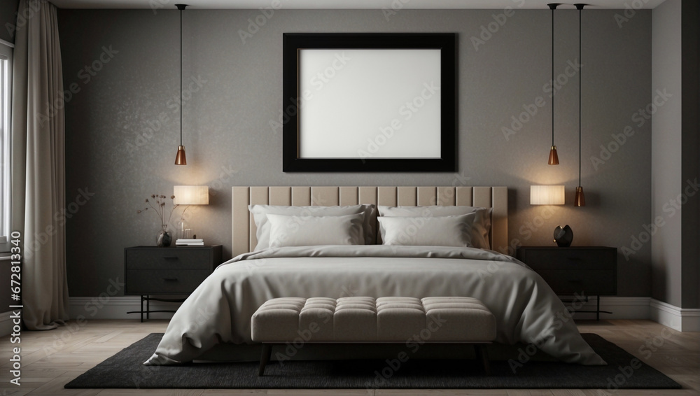 Bellissima camera da letto con arredamento minimalistico, con colori naturali ed eleganti e cornice vuota sul muro Bellissima camera da letto con arredamento minimalistico, con colori naturali ed eleganti e cornice vuota sul muro