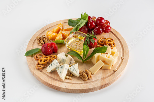 Cheese plate appetizer. Isolated seafood dish for menu.